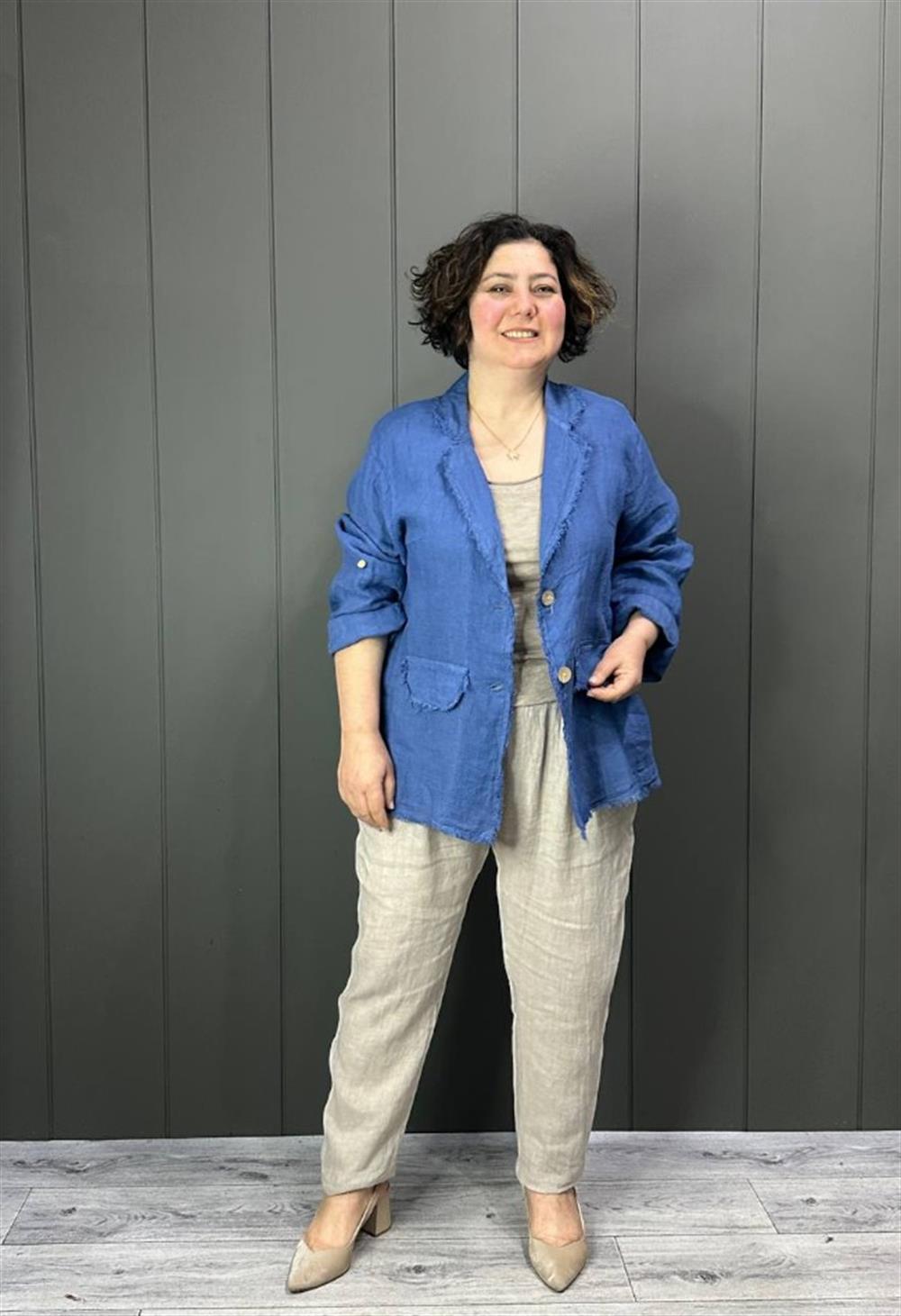 Doğal Keten Oversize Kadın Ceket Mavi