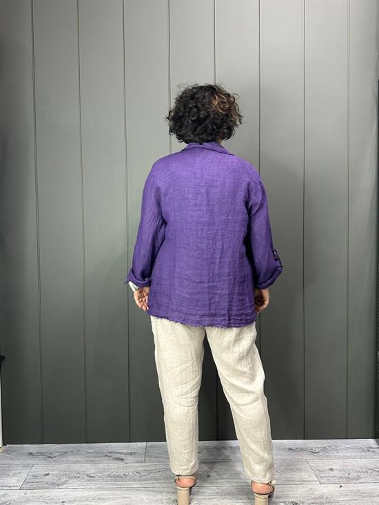 Doğal Keten Oversize Kadın Ceket Mor