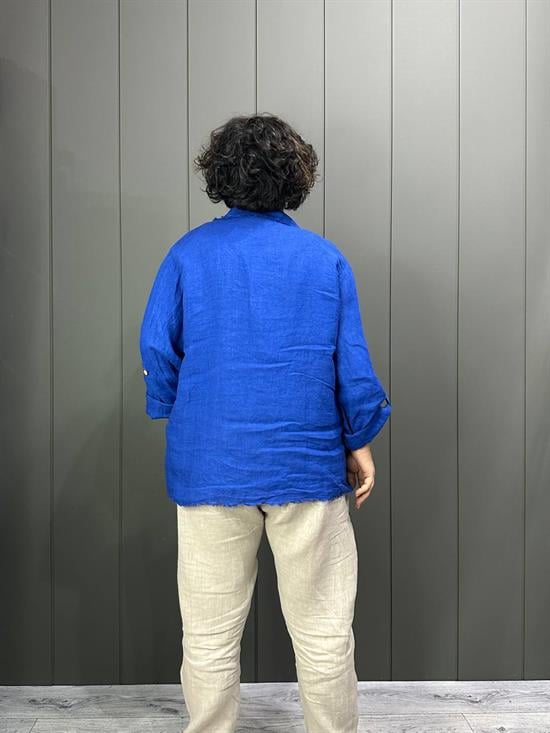 Doğal Keten Oversize Kadın Ceket Saks Mavi
