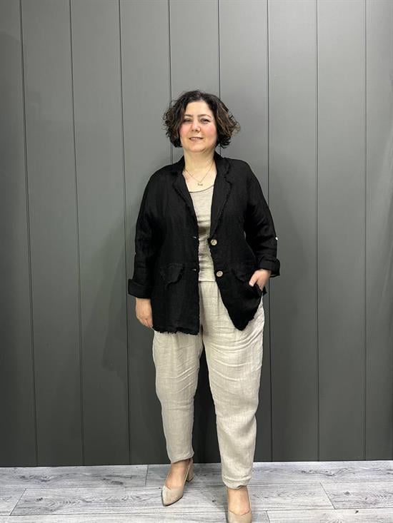 Doğal Keten Oversize Kadın Ceket Siyah