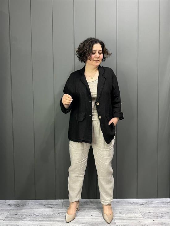 Doğal Keten Oversize Kadın Ceket Siyah
