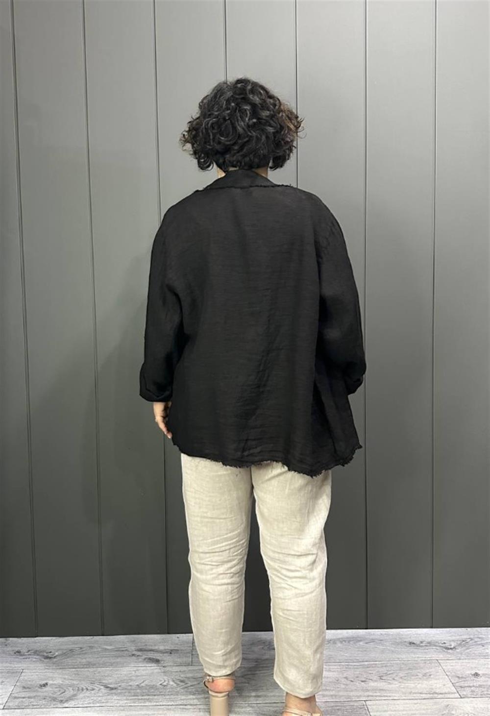 Doğal Keten Oversize Kadın Ceket Siyah