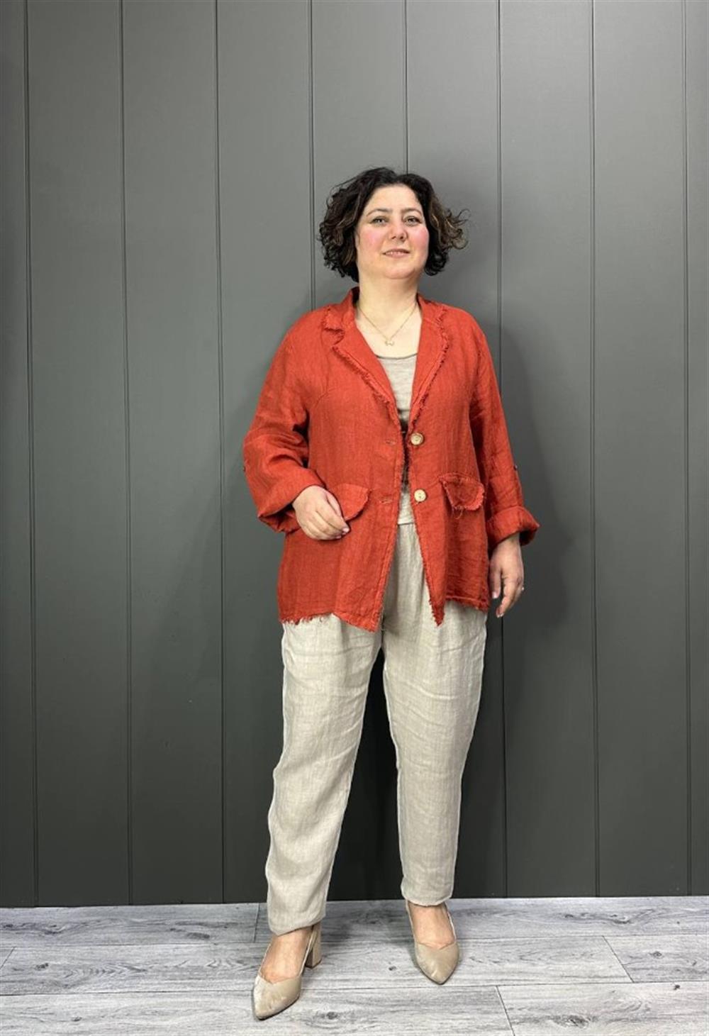 Doğal Keten Oversize Kadın Ceket Tarçın