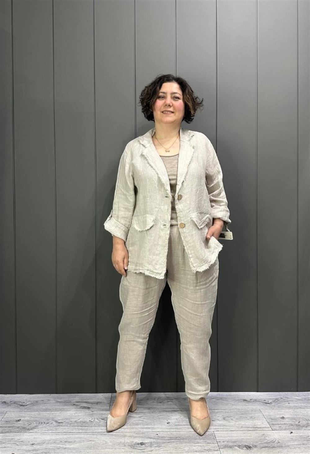 Doğal Keten Oversize Kadın Ceket Taş