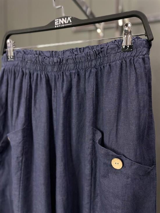 Düğmeli Keten Pantolon Lacivert