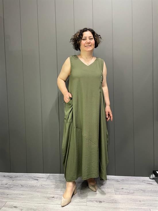 Fermuar Detaylı Cepli Elbise Yeşil