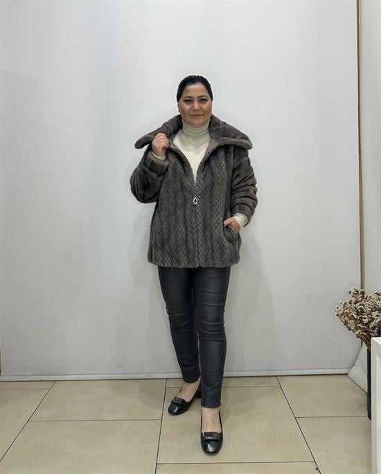 Fermuarlı Suni Kısa Kürk Kaban Gri