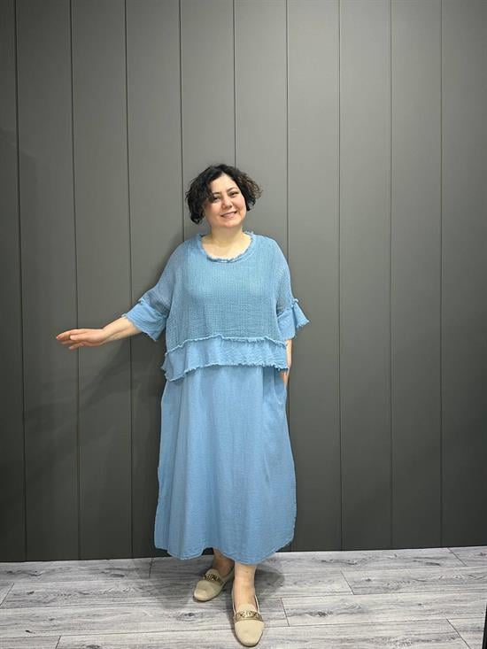 İthal File Bluz Detaylı Elbise Bebe Mavisi