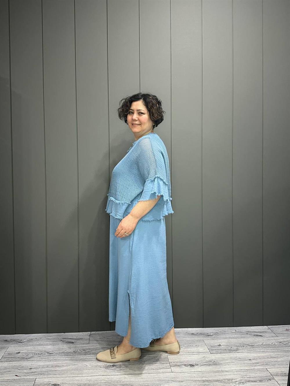 İthal File Bluz Detaylı Elbise Bebe Mavisi