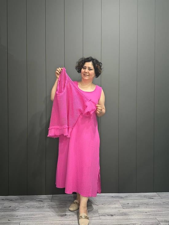 İthal File Bluz Detaylı Elbise Pembe