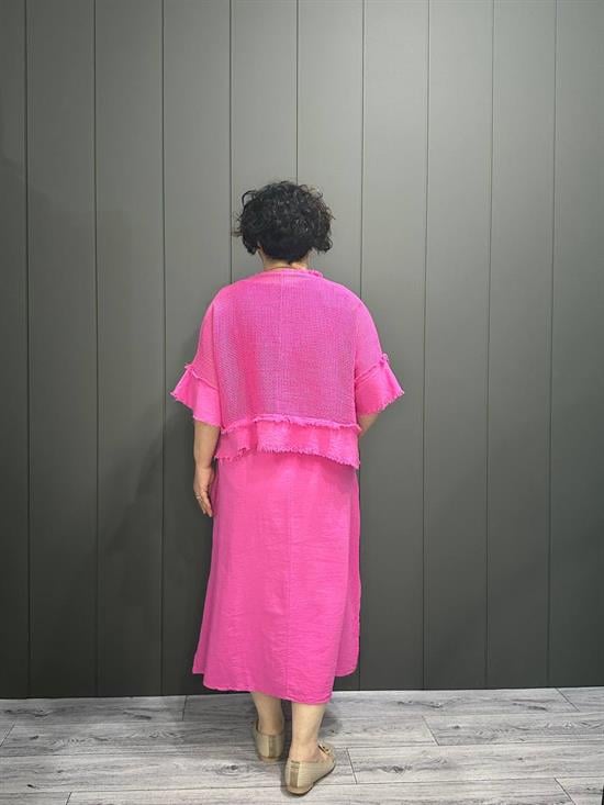 İthal File Bluz Detaylı Elbise Pembe