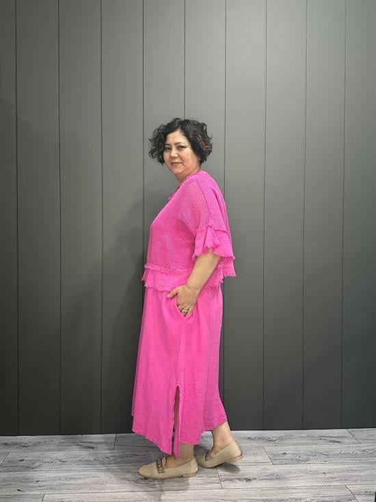 İthal File Bluz Detaylı Elbise Pembe