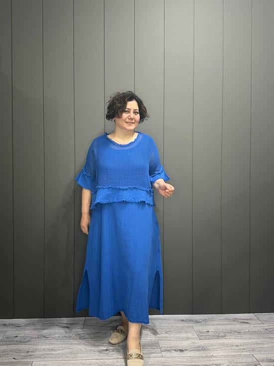 İthal File Bluz Detaylı Elbise Saks Mavisi