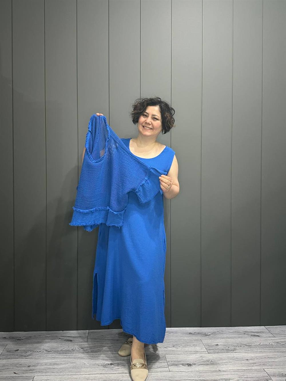 İthal File Bluz Detaylı Elbise Saks Mavisi