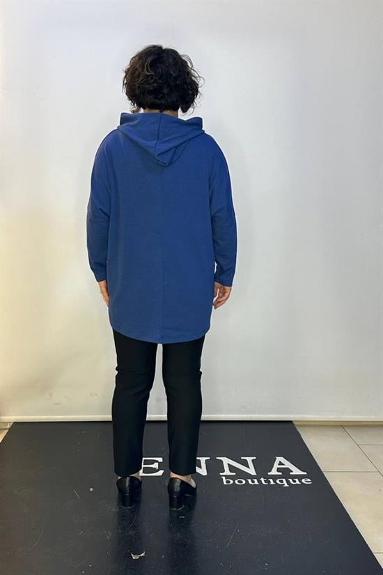 Kapüşonlu Owersize Bluz 12197 İndigo Mavi