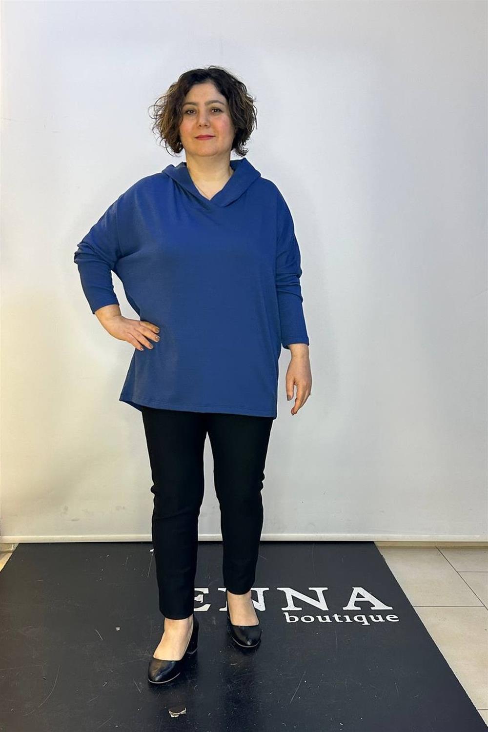 Kapüşonlu Owersize Bluz 12197 İndigo Mavi