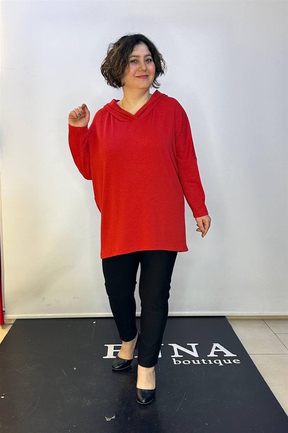 Kapüşonlu Owersize Bluz Kırmızı