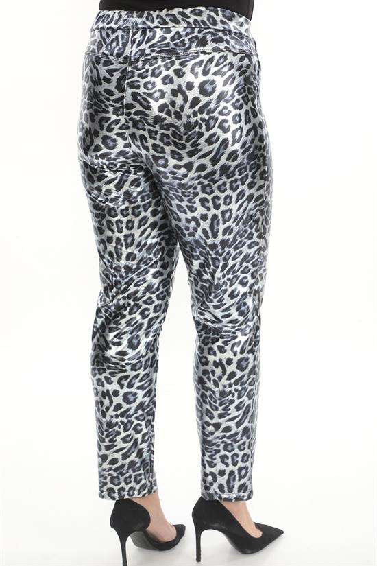 Leopar Desenli Beli Lastikli Deri Pantolon Gri