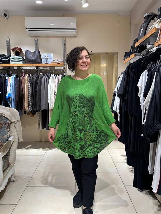 Leopar Desenli Pamuklu Merserize Oversize Bluz