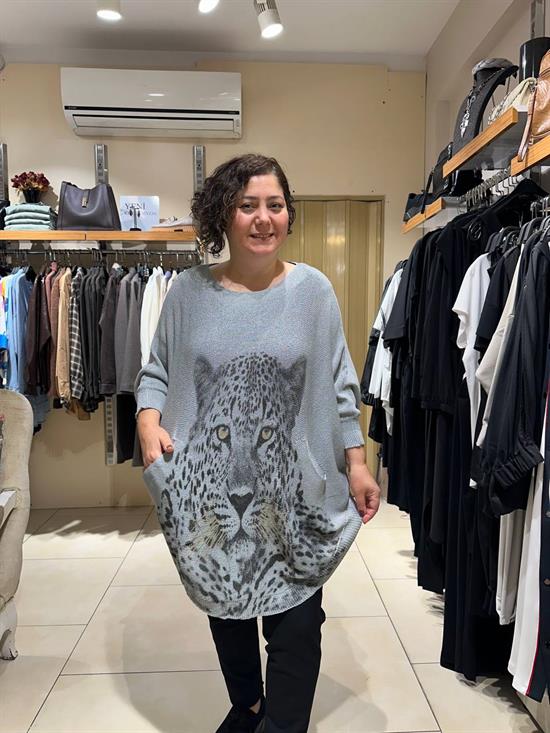 Leopar Desenli Pamuklu Merserize Oversize Bluz