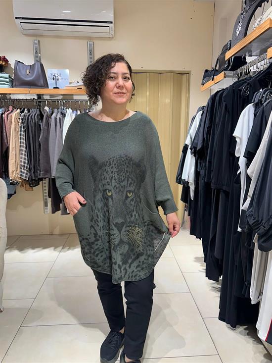 Leopar Desenli Pamuklu Merserize Oversize Bluz