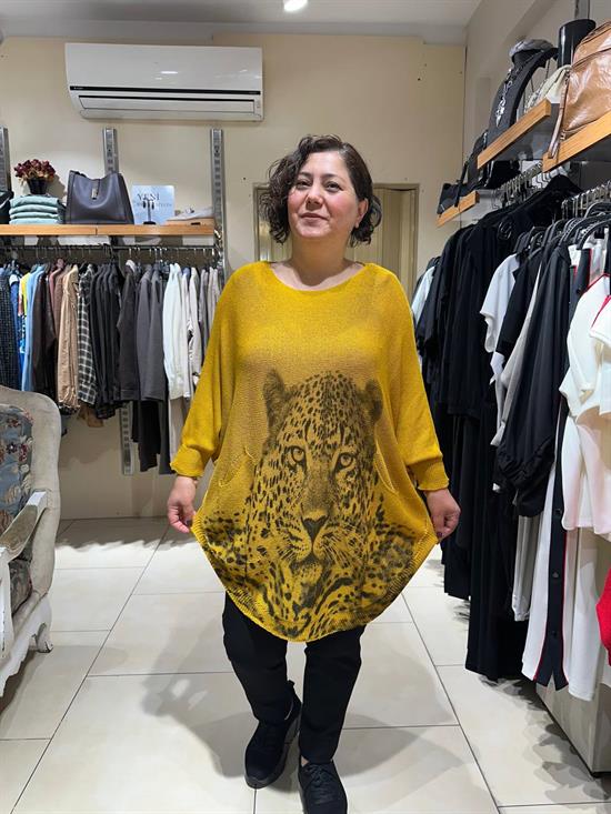 Leopar Desenli Pamuklu Merserize Oversize Bluz