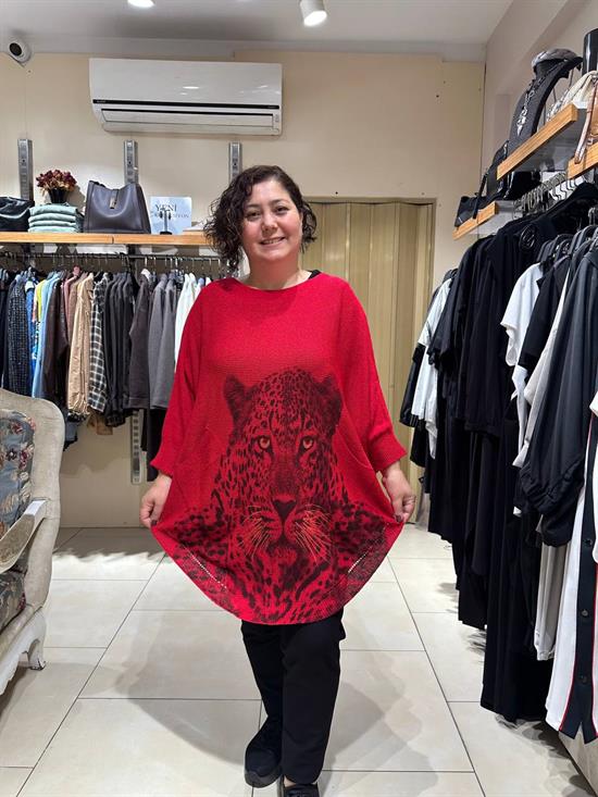 Leopar Desenli Pamuklu Merserize Oversize Bluz