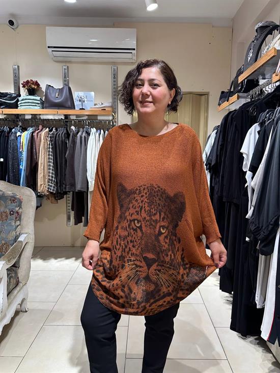 Leopar Desenli Pamuklu Merserize Oversize Bluz