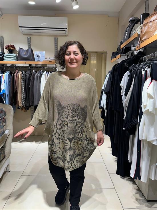 Leopar Desenli Pamuklu Merserize Oversize Bluz