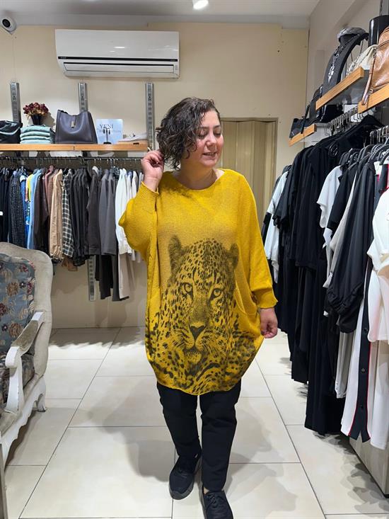 Leopar Desenli Pamuklu Merserize Oversize Bluz