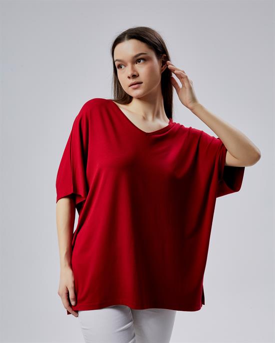 Oversize  V Yaka Likralı Viskon Bluz 