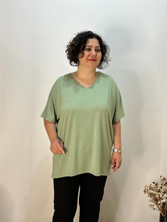 Oversize  V Yaka Likralı Viskon Bluz 
