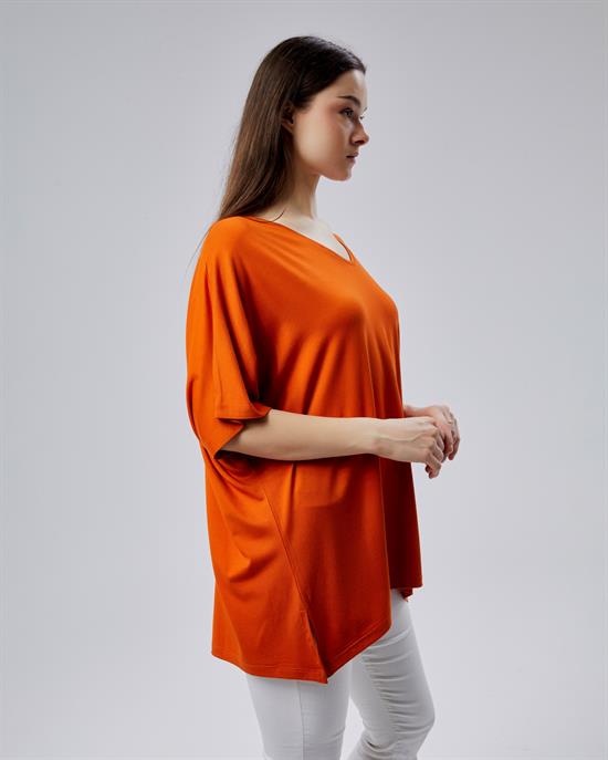 Oversize  V Yaka Likralı Viskon Bluz 