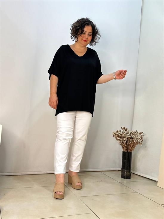 Oversize  V Yaka Likralı Viskon Bluz 