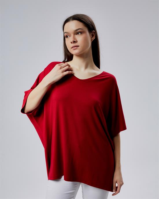 Oversize  V Yaka Likralı Viskon Bluz 