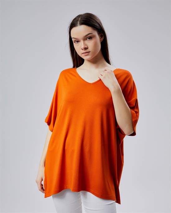 Oversize  V Yaka Likralı Viskon Bluz 