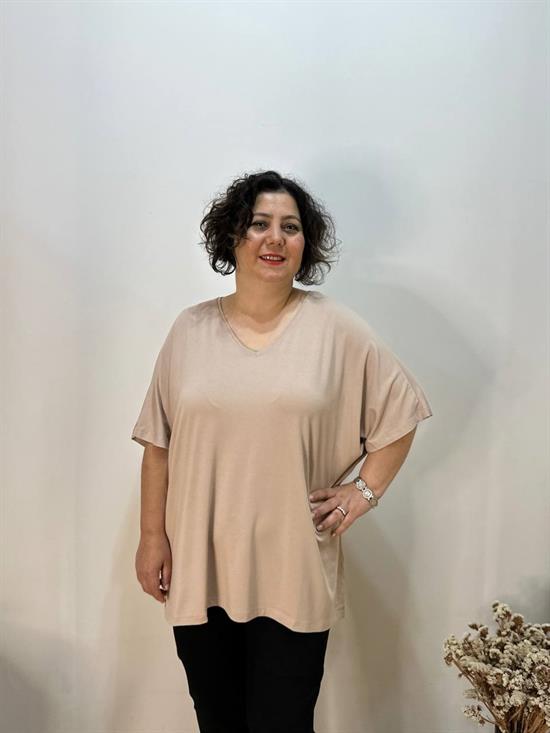 Oversize  V Yaka Likralı Viskon Bluz 