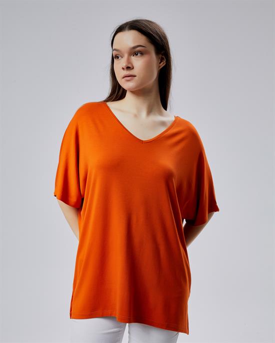 Oversize  V Yaka Likralı Viskon Bluz 