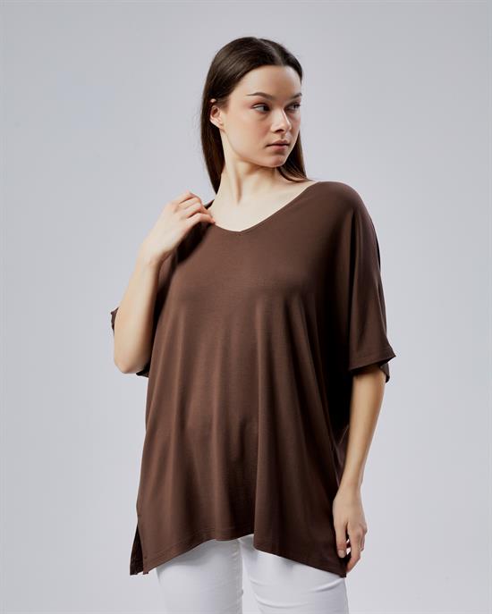 Oversize  V Yaka Likralı Viskon Bluz 
