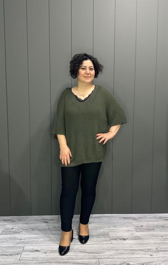 Selanik Örgülü  V Yaka Merserize Bluz Haki Yeşil