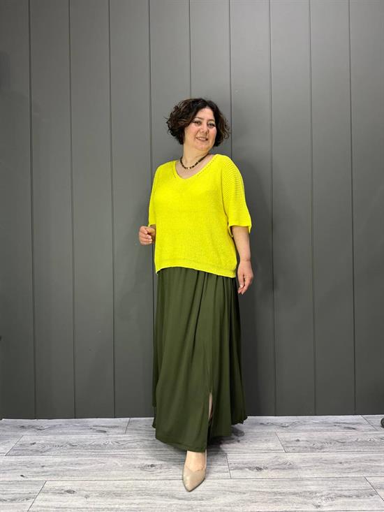 Selanik Örgülü  V Yaka Merserize Bluz Sarı