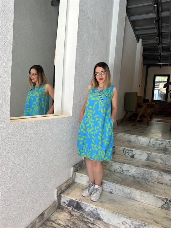 Sıfır Kol Yaka Fermuarlı Keten Elbise