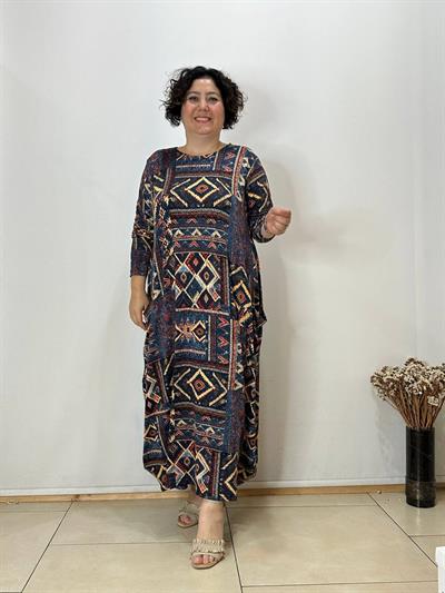 Büyük Beden Kilim Motifli Cepli Uzun Kollu Penye Elbise