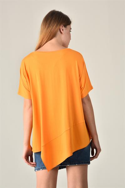 Büyük Beden Kısa Kollu  Asimetrik Kesim Viskon Penye Bluz Oranj