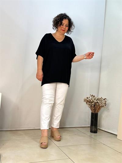 Büyük Beden V Yaka Oversize Viskon Penye Bluz Siyah