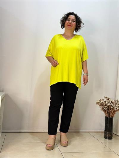 Büyük Beden V Yaka Oversize Viskon Penye Bluz Sarı
