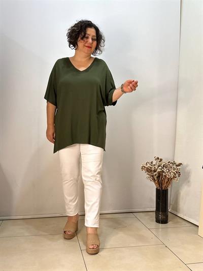 Büyük Beden V Yaka Oversize Viskon Penye Bluz Haki Yeşil