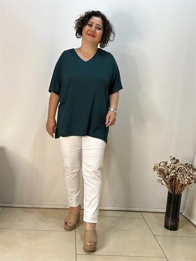 Büyük Beden V Yaka Oversize Viskon Penye Bluz Petrol