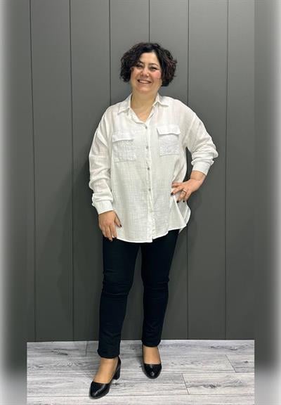 Cep Payet Detaylı Pamuklu Gömlek Beyaz