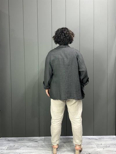 Doğal Keten Oversize Kadın Ceket Antrasit Gri